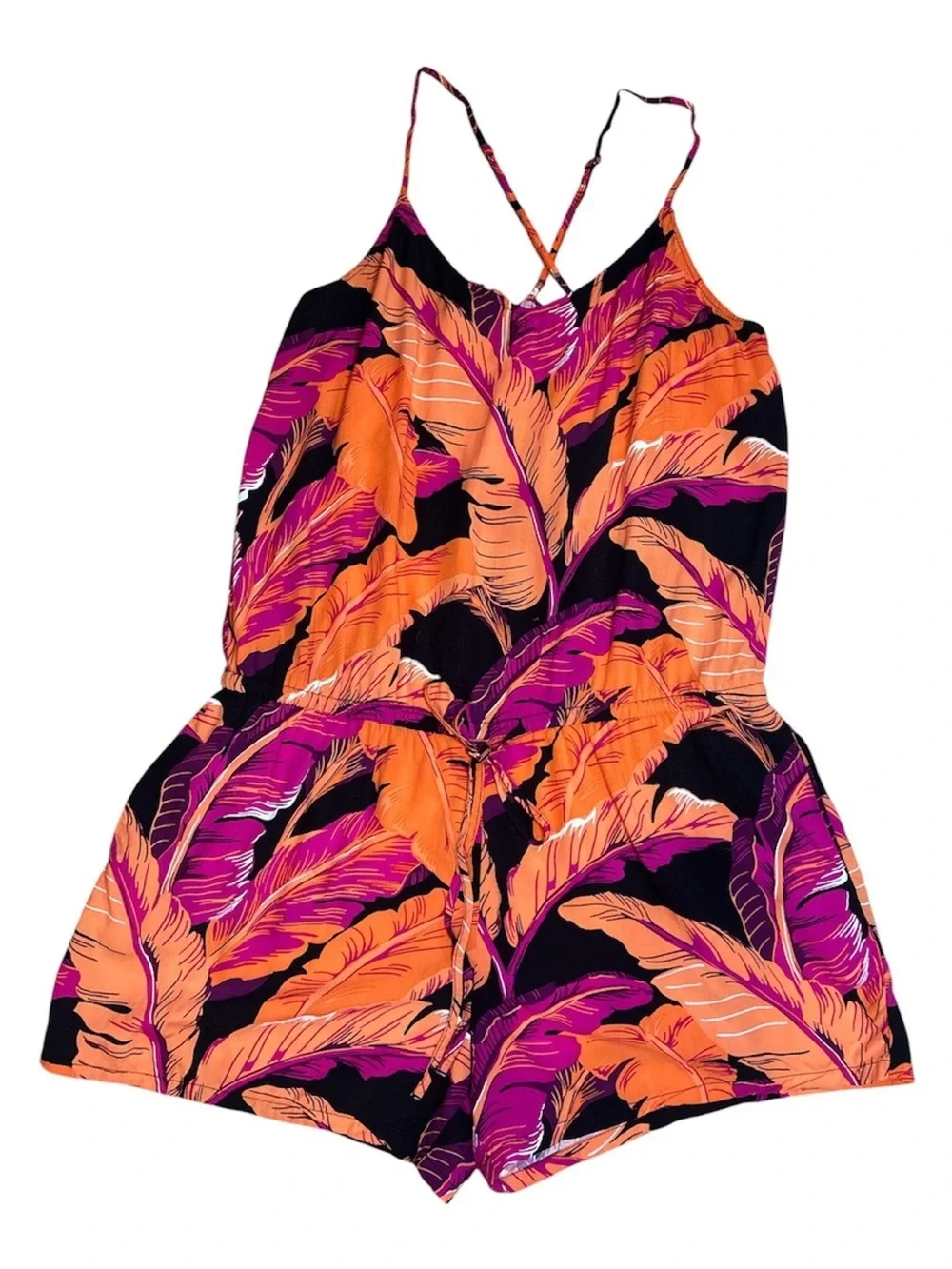 🌸Old Navy Tropical Palm Print Cami Romper Pockets Large Petite